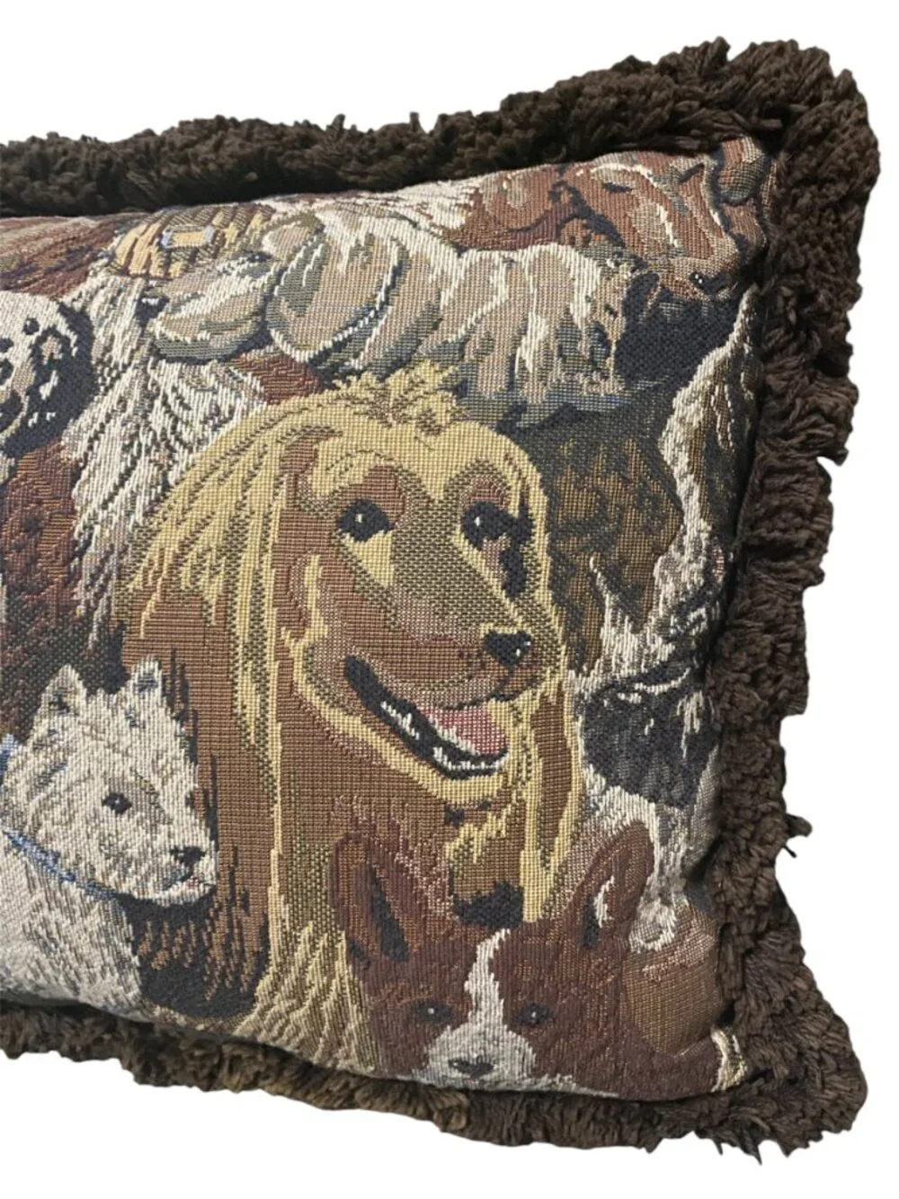 Vintage Dog Novelty Tapestry Throw Pillow Brown Fringe Cottagecore